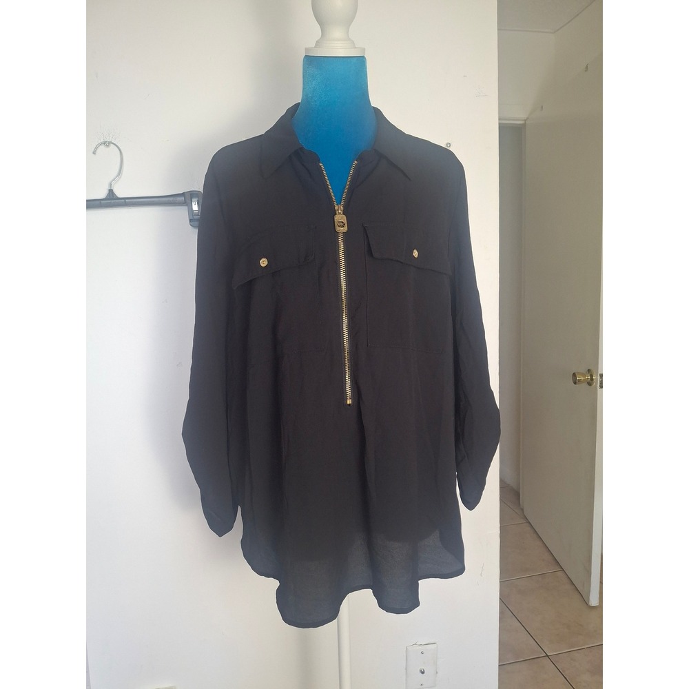 Michael Kors Black Half Zip Roll Tab Sleeve Blouse XL QS1408EC5J